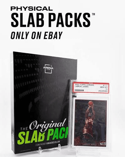 An Arena Club Original Slab Pack box beside a graded 2003 Topps Chrome LeBron James card, titled Physical Slab Packs only on eBay